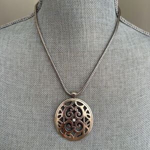 Brighton Contempo Medallion Rhinestone Charm Necklace Oval Silver Plated Scroll